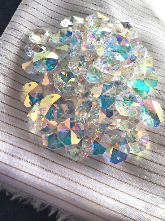 2 Hole 9/16" (14mm) 22L Octogon Holographic Crystal Glass #978 Vintage Chandelier Glass Parts for Home Decor Craft Project Vintage Supply