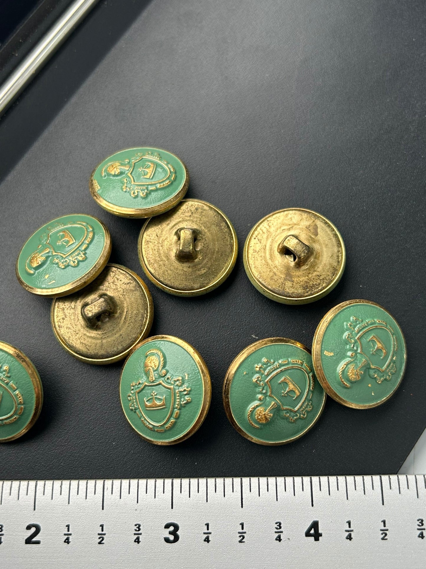 GOLD Embossed Green Metal BUTTONS 7/8" Vintage shield Shank Buttons for Clothing / Blazer Buttons & Jacket Buttons #187