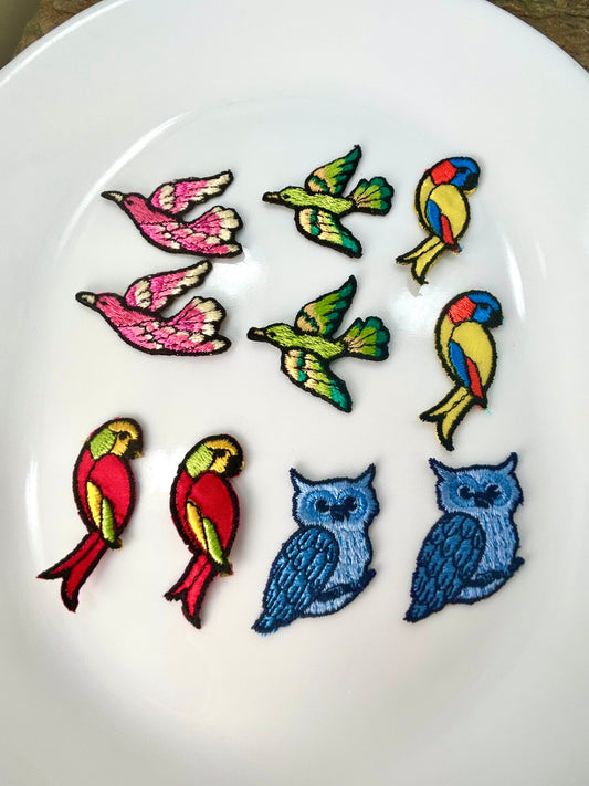 Vintage owls parrots and birds Appliqués Collection blue red yellow pink green wholesale embroidered appliques patches #54