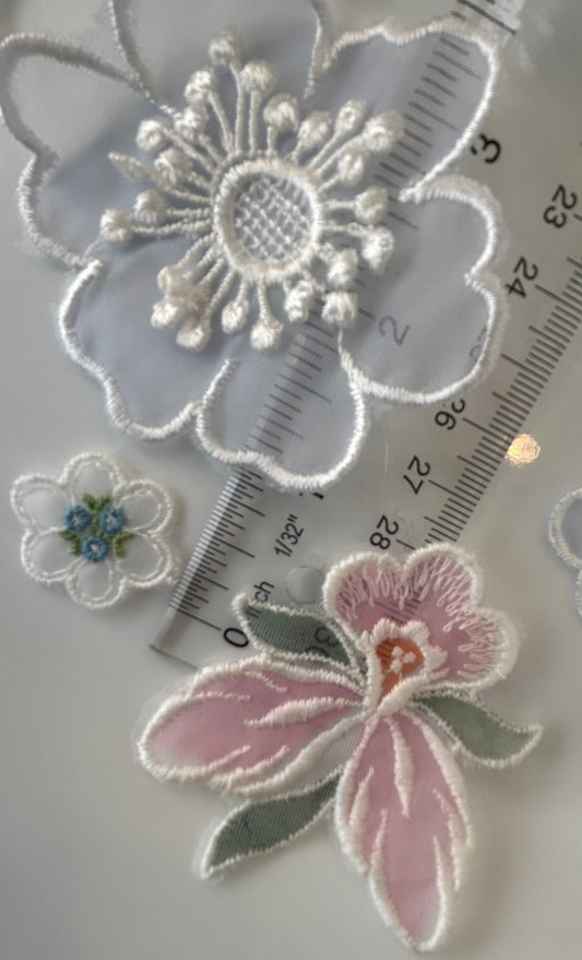 12 pieces FLORAL sew-on appliqués sheer blue, pink, tiny blue vintage lot #33