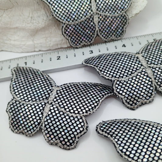 Glistening Silver Black Butterfly Iron on Patches Hologram Appliques #488