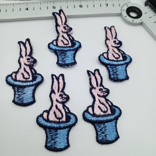 PINK BUNNY in Magic Blue Hat VINTAGE sew on Applique Decorative Patches pastel cartoon rabbit patches #451