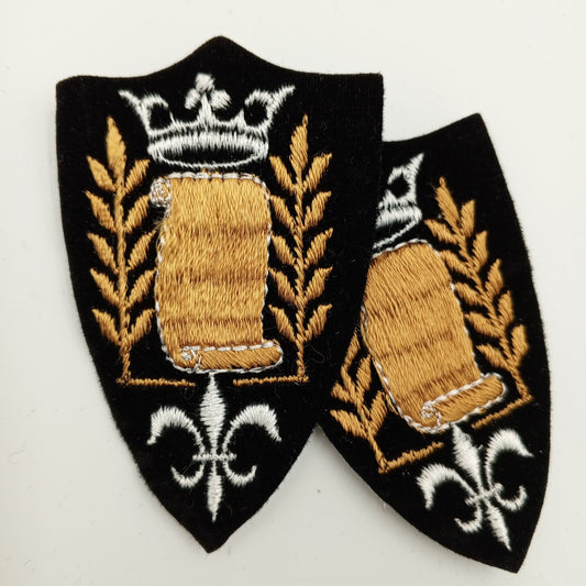 VINTAGE Badge Patches black, white crown Gold embroidered Scroll Patch Appliques #713