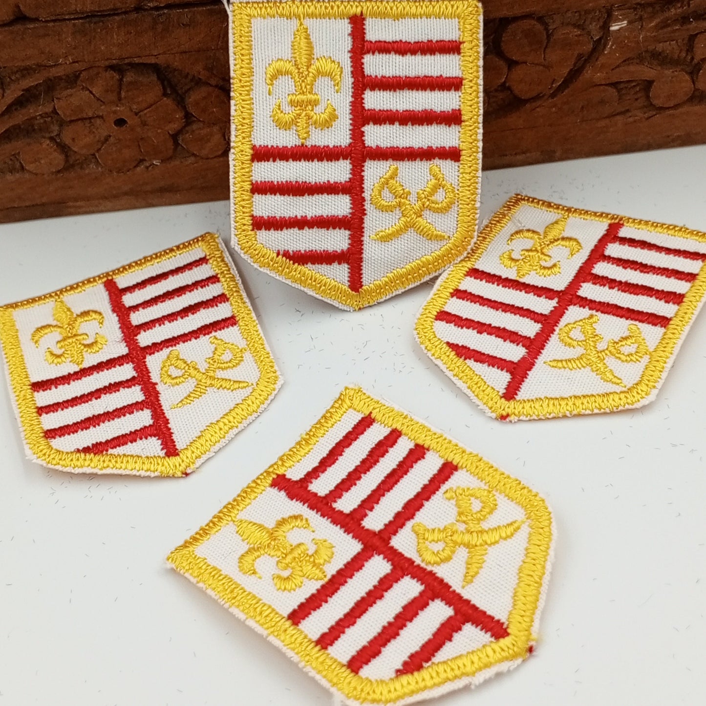 VINTAGE Badge Patches white red, yellow shield Embroidered Appliques #708