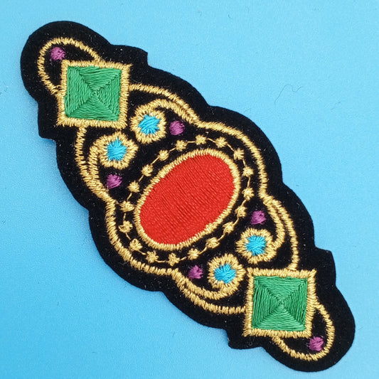 VINTAGE Badge Patches black metallic, gold, green purple cyan, red Embroidered Appliques #738