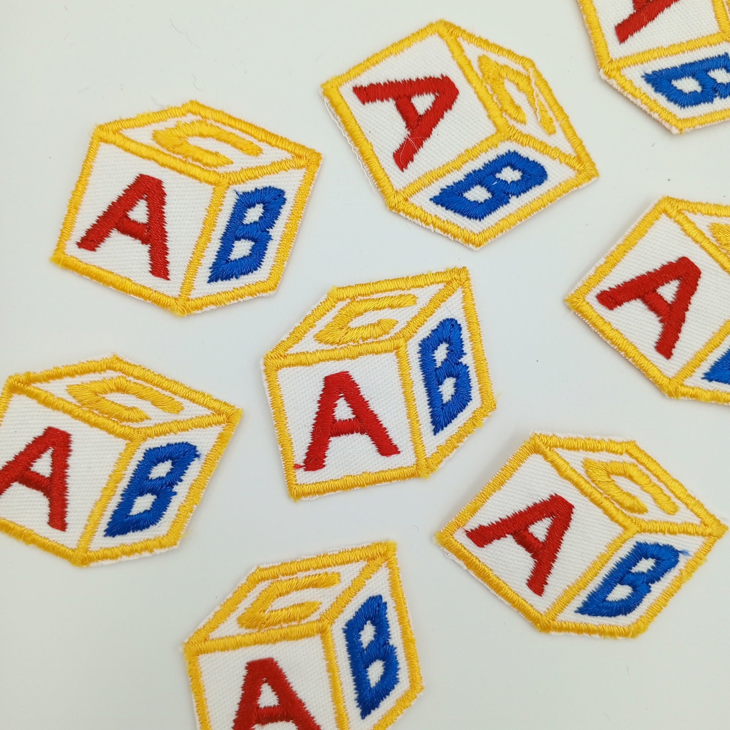VINTAGE ABC’s Cube block Patches navy blue yellow red white Embroidered Appliques #929