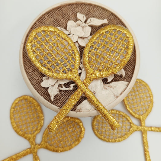 Gold Metallic VINTAGE Tennis Rackets Iron-on Patch Embroidery Double Racquets Tennis Decorative Motifs Embroidered Tennis Patches #911
