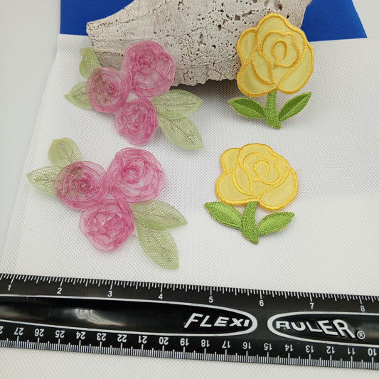 4 pieces FLORAL VINTAGE appliques green yellow purple pink flower Patches #136