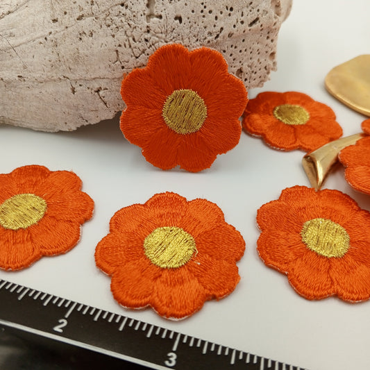 FLORAL VINTAGE appliques gold metallic orange flower Patches iron on #217