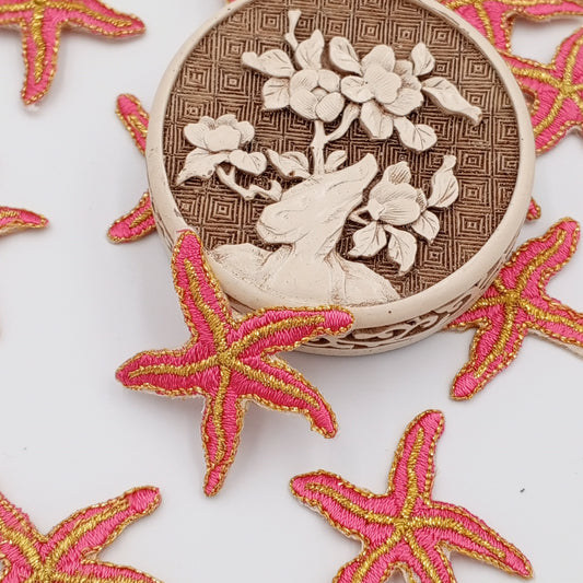 Coral Pink Starfish Patch Metallic Gold Sea Star Applique VINTAGE Seashore Star Iron on Patches for DIY Gift Ideas Jewelry Making Craft #629