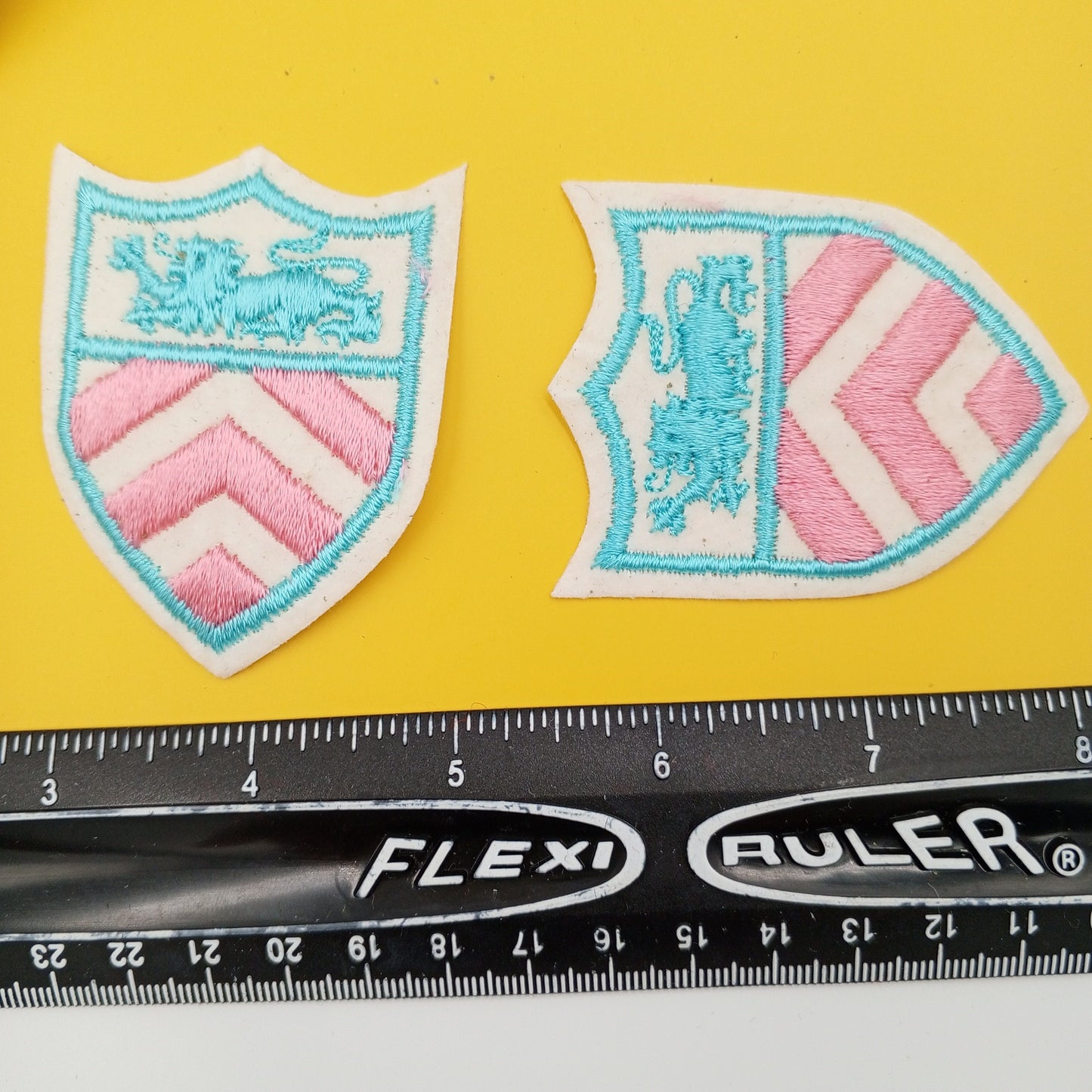 VINTAGE Badge Patches pink aqua lion, white Embroidered Appliques #705