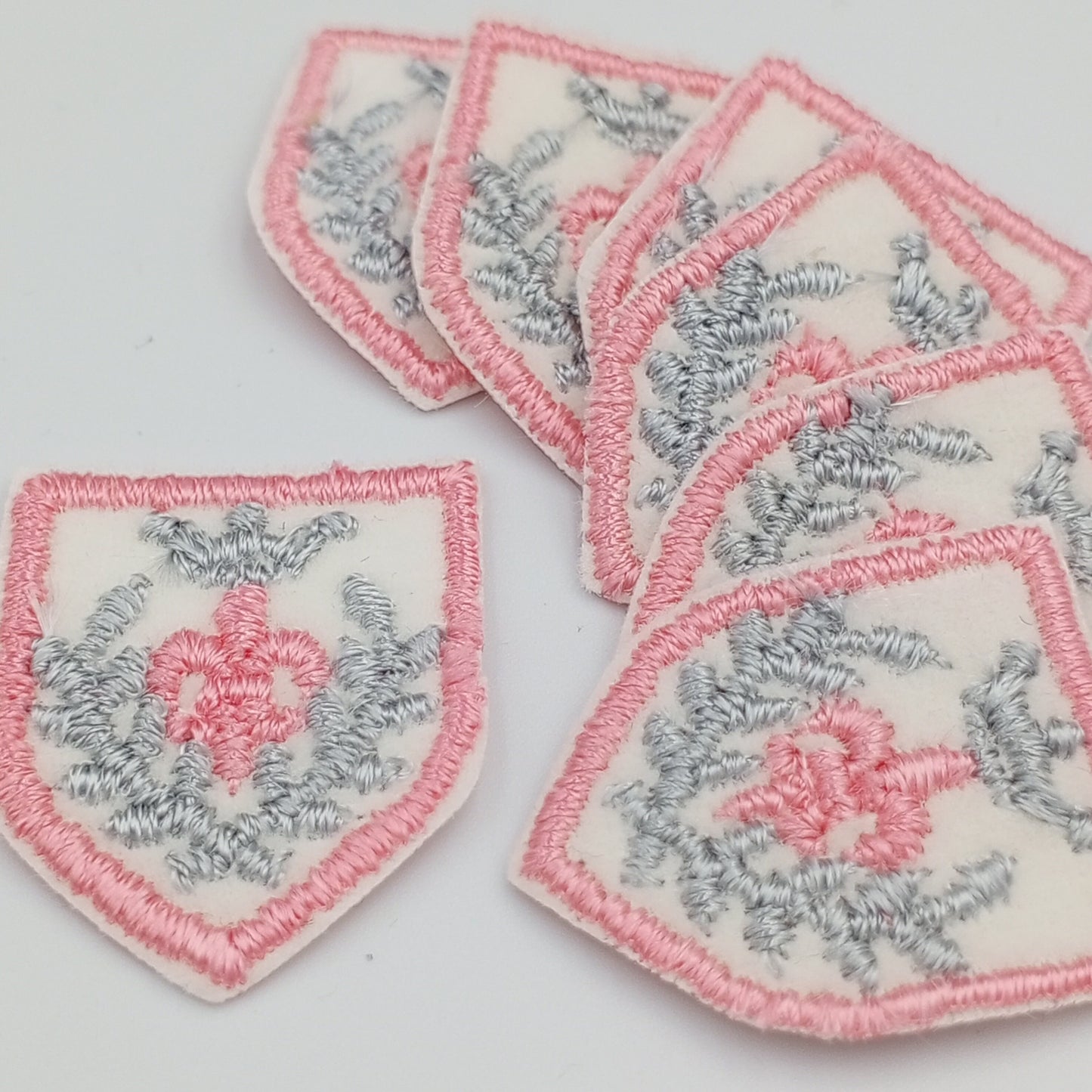VINTAGE Badge Patches gray pink white shield Embroidered Appliques #710