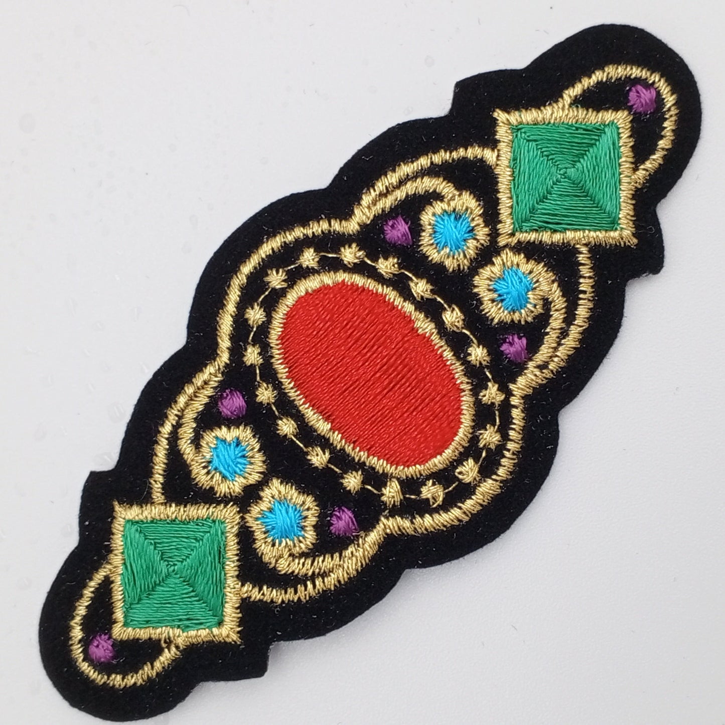 VINTAGE Badge Patches black metallic, gold, green purple cyan, red Embroidered Appliques #738