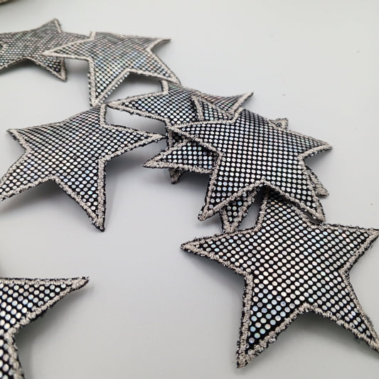 Dazzling Silver Metallic Hologram Black Star Patch Iron on Authentic Retro Applique Star Embellishment Bags Hats Jackets Jeans Backpack #625
