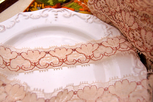 Fancy Embroidery Floral Peach Tan Lace Trim 1 ⅜" wide