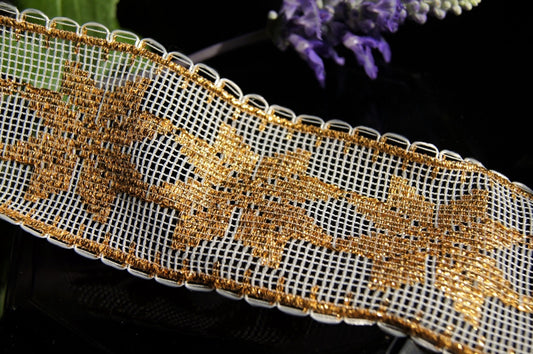 Metallic Gold Snowflakes Wired Edge White Lace Trim