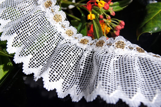 Gold Metallic on White Scalloped Ruffled Lace