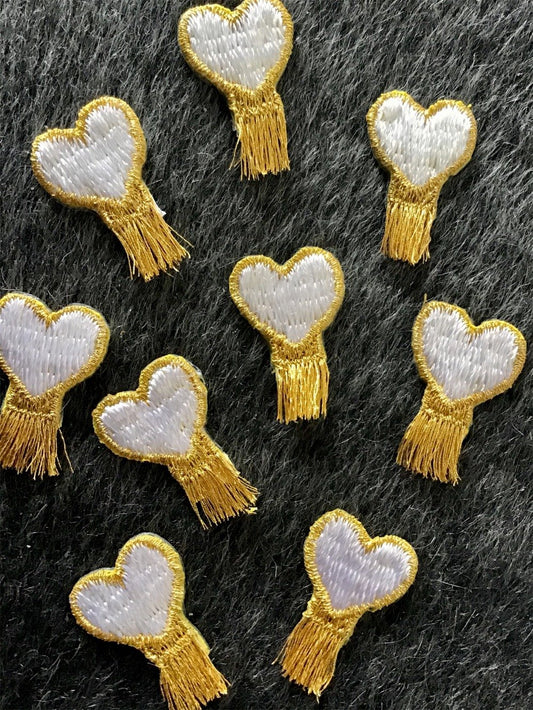 Vintage Iron-on Metallic Gold White Heart Applique Patch #5012