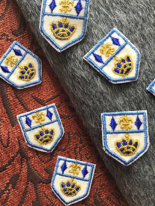 Vintage Metallic Gold Navy Blue White Embroidered Shield Patch #5031