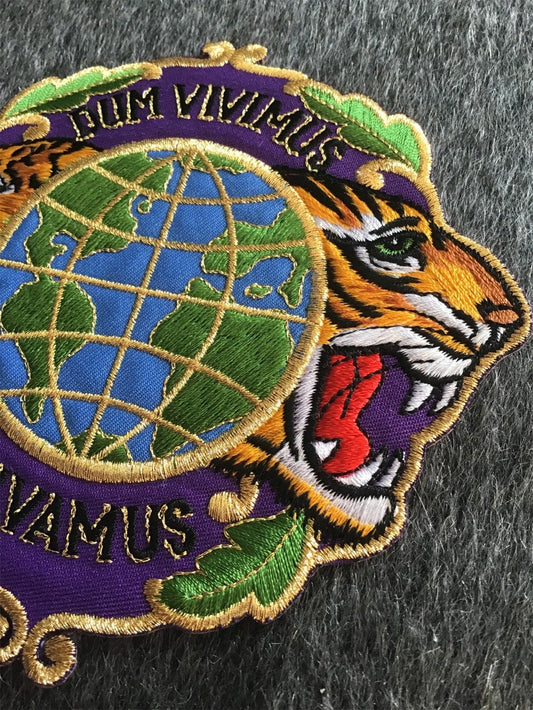 Vintage Metallic Gold Tiger Globe Purpe Embroidered Iron-on Applique Patch #5053