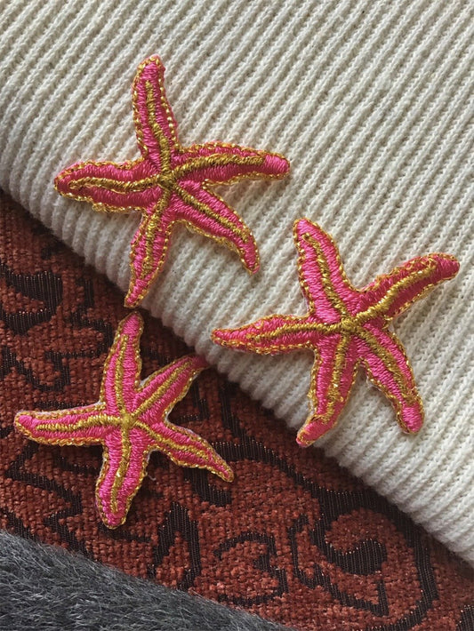 Iron-on Vintage Metallic Gold Pink Starfish Embroidered Decorative Patches #5090