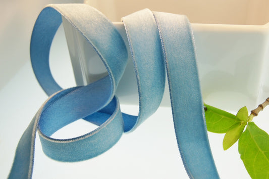 5/8" Swiss Velvet Ribbon Old Blue Satin Back Velvet Ribbon Vintage from Switzerland 16mm