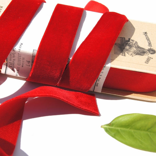 Silk Cotton Satin Back Red Velvet Ribbon Mousquetaire Brand by J.B. David St. Etienne Vintage from France