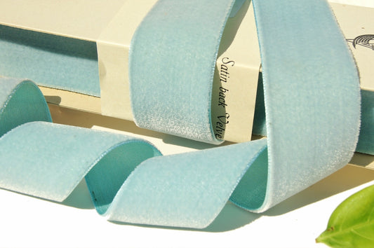 1-1/2" Swiss Velvet Ribbon Blue Peppermint Vintage Satin Back Velvet Ribbon