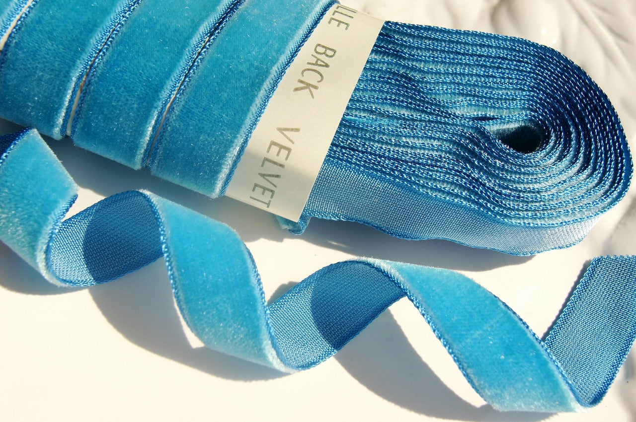 5/8" French Velvet Ribbon Old Blue Velvet Ribbon Vintage from France 16mm