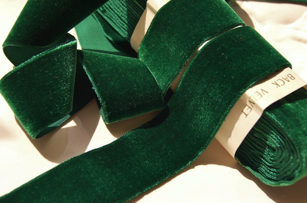 Vintage 1-3/8" French Velvet Ribbon Hunter Green Velvet Ribbon
