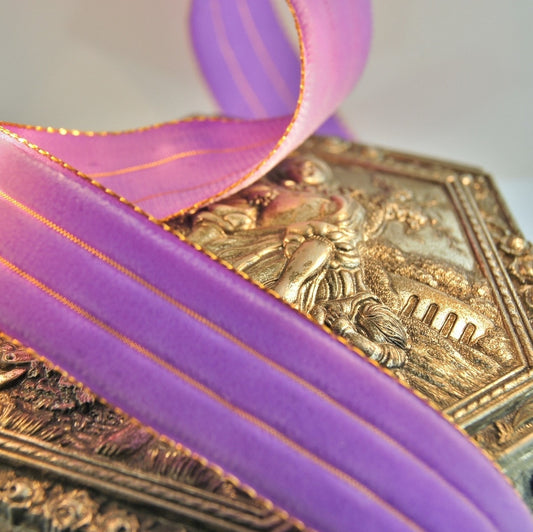 7/8" Metallic Gold Lavender Striped Velvet Ribbon Vintage from Switzerland 22mm