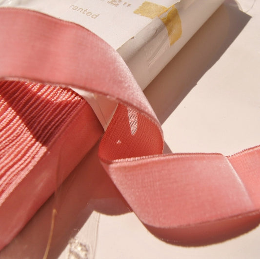 Coral Pink Velvet Ribbon Vintage from France 24mm
