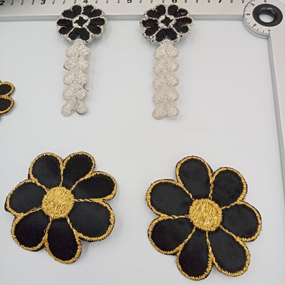 6 pieces FLORAL VINTAGE appliqués gold black silver flower Patches #110