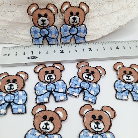 White Blue ribbon brown Teddy bear Patches Iron on sewing appliqué #471