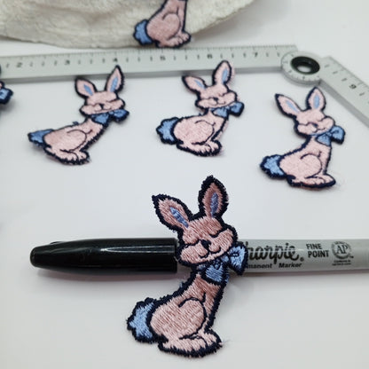 VINTAGE Pink Blue Rabbit with Bow sew on Patches Sweet Proud Bunny Appliques #449