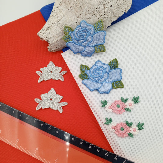 6 pieces FLORAL VINTAGE appliques white pink metallic silver blue flower Patches #125