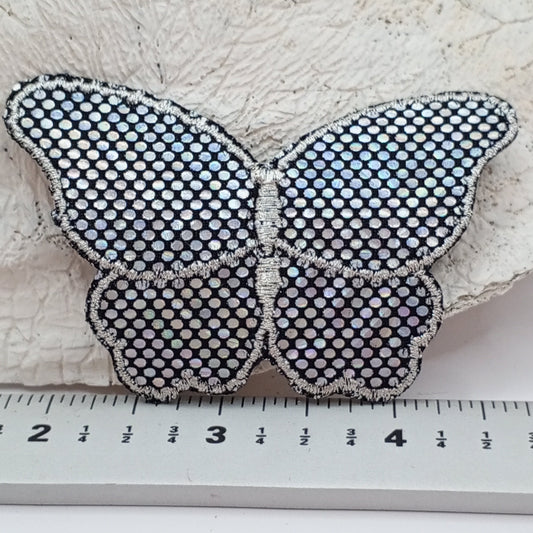 Glistening Silver Black Butterfly Iron on Patches Hologram Appliques #488