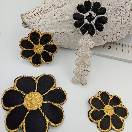 6 pieces FLORAL VINTAGE appliqués gold black silver flower Patches #110
