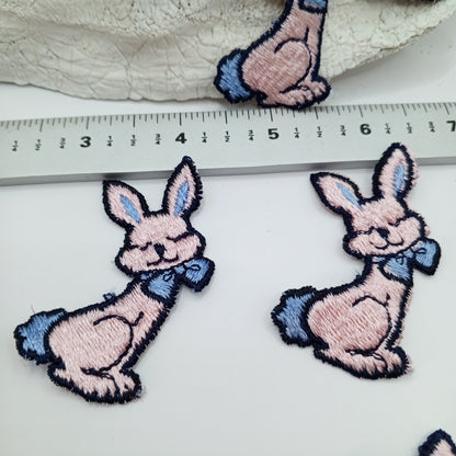 VINTAGE Pink Blue Rabbit with Bow sew on Patches Sweet Proud Bunny Appliques #449