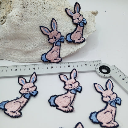 VINTAGE Pink Blue Rabbit with Bow sew on Patches Sweet Proud Bunny Appliques #449