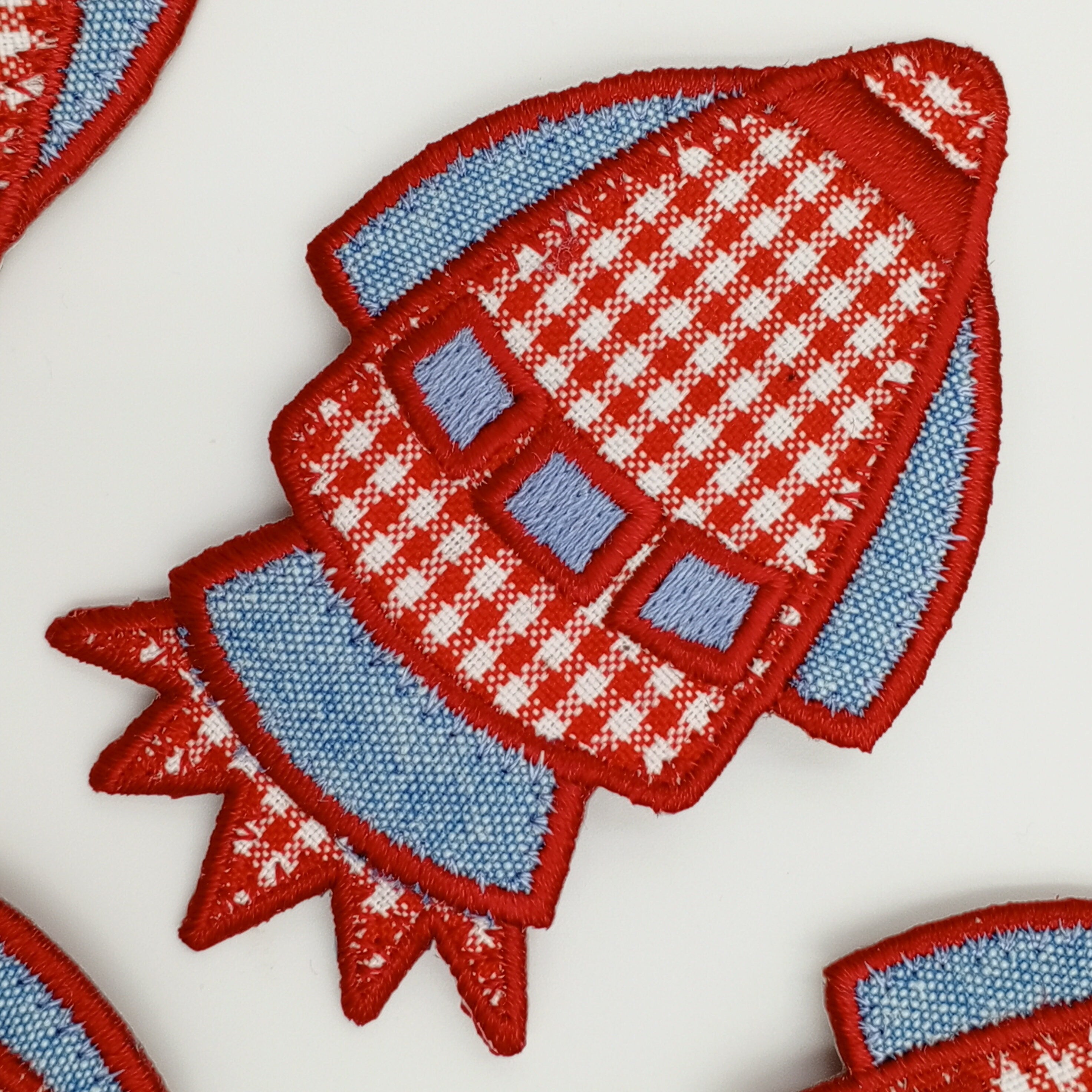 VINTAGE Rocket Spaceship Patches Red gingham check blue denim Embroide ...