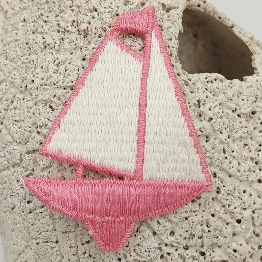 VINTAGE RETRO Sailboat Embroidery Patch Nautical Pink Ivory Marine Ocean Sailor Applique Patches for DIY Sewing Decorative Accents #902