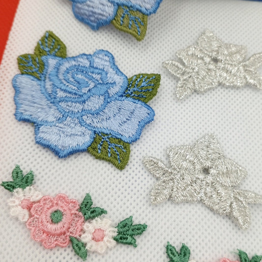 6 pieces FLORAL VINTAGE appliques white pink metallic silver blue flower Patches #125
