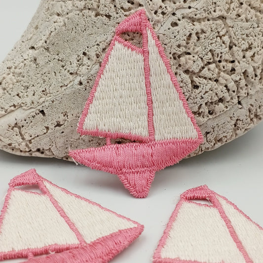 VINTAGE RETRO Sailboat Embroidery Patch Nautical Pink Ivory Marine Ocean Sailor Applique Patches for DIY Sewing Decorative Accents #902