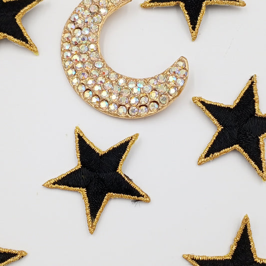 Iron on Metallic Gold Outline Black Stars patches Embroidered VINTAGE star badges Iron on Patches #621