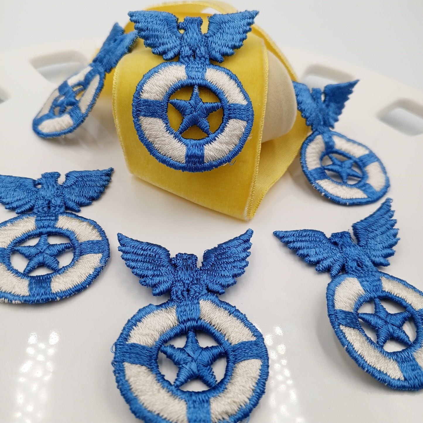 Classic Blue Eagle Vintage White Embroidered Applique Liberty Emblem Lifesaver Star Heraldic Uniform Patches Sewing Embellishments