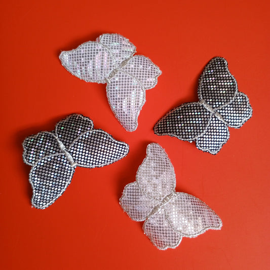 4pcs Silver Black and White Butterfly Patches Iron On Appliques Shimmering Sequin Hologram Butterflies Embroidered Decorative Patches #528