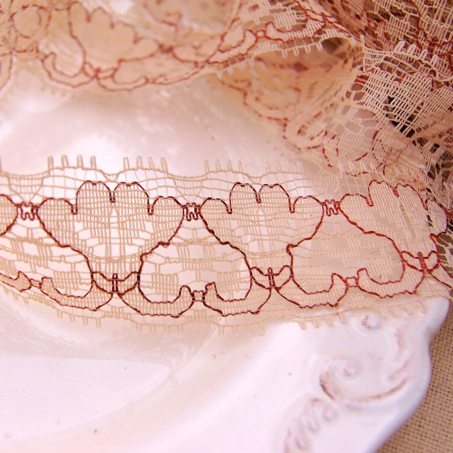 Fancy Embroidery Floral Peach Tan Lace Trim 1 ⅜" wide