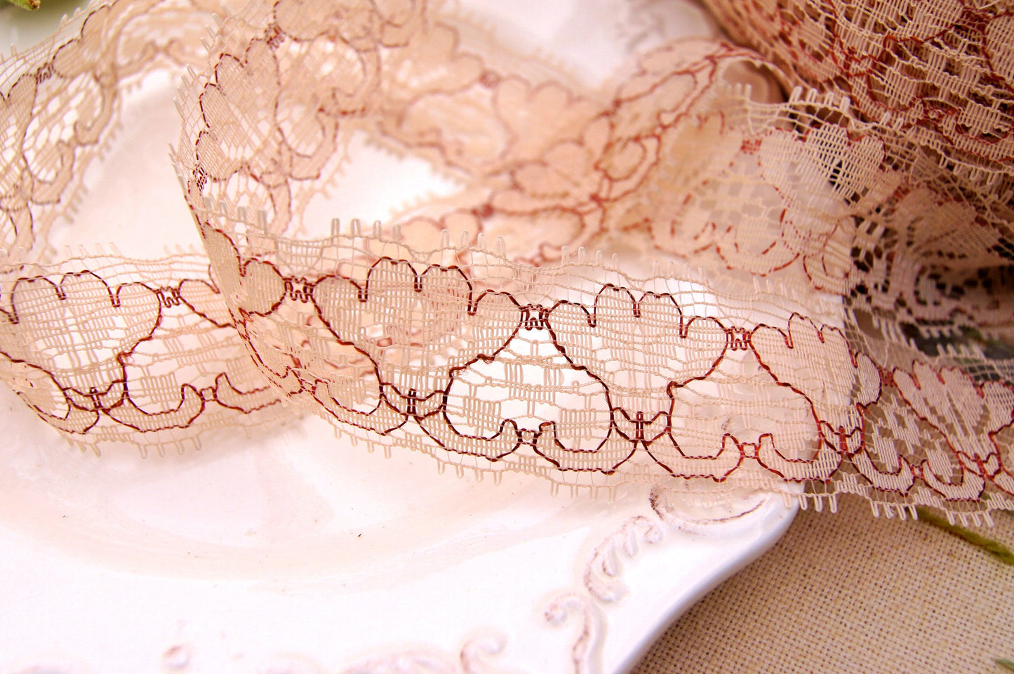 Fancy Embroidery Floral Peach Tan Lace Trim 1 ⅜" wide
