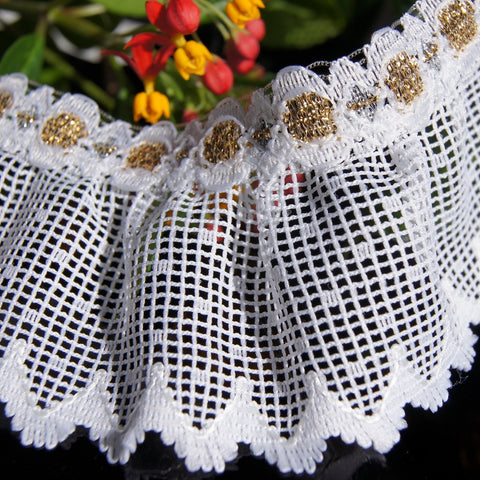 Gold Metallic on White Scalloped Picot Ruffled Lace